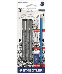 Blister 3 Feutres Noirs Pte Calibrée 0,3/0,5/0,7 + Taille-Crayon + Gomme + Crayon 2B STAEDTLER