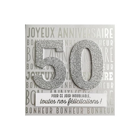 Carte de voeux glamour - anniversaire - 50 ans blanc argenté