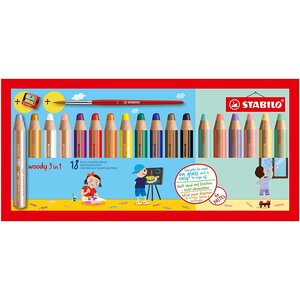 Etui de 18 crayons woody 3in1 +1 pinceau taille 8 + 1 taille-crayon  assortis dont 6 pastel stabilo