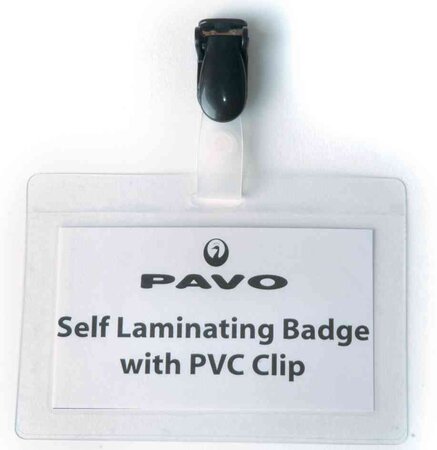 Boite de 25 badges plastifiés, avec clip, 54 x 90 mm PAVO