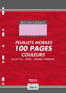 Pqt de 100 pages Feuillets mobiles A4 80g Seyes Grands Carreaux Rose CONQUÉRANT SEPT