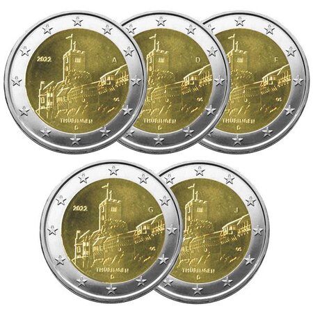 2 euro commemorative 2022 : allemagne (chateau de wartburg 5 pièces)