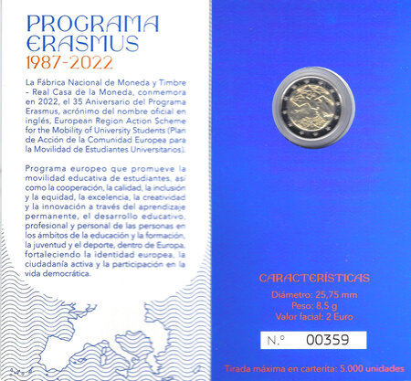 Monnaie 2 euros coffret be espagne erasmus 2022