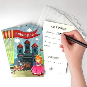 Lot 5 cartes "invitation" princesse chevalier avec 5 enveloppes blanches 9x14cm