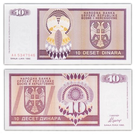 Billet de collection 10 dinara 1992 bosnie - neuf - p133
