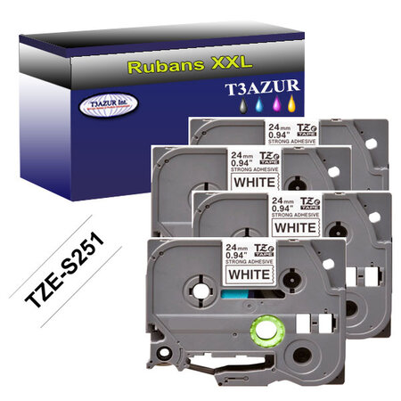 4 x Rubans d'étiquettes laminées générique Brother Tze-251 pour étiqueteuses P-touch - Texte noir sur fond blanc - - T3AZUR