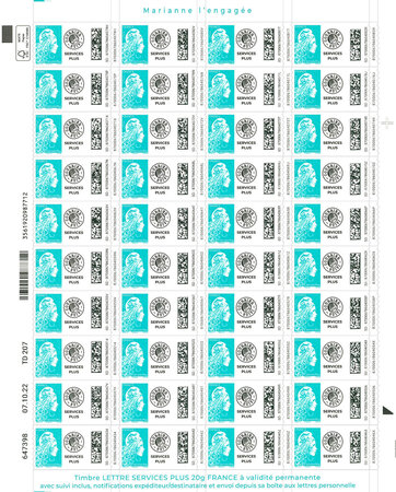 Feuille 40 timbres Marianne l'engagée - Lettre Services Plus